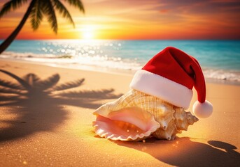 Charming seashell decorated with Santa hat resting warmly on golden beach beside shimmering turquoise ocean and glowing tropical sunset horizon