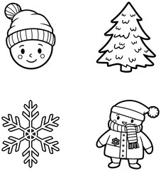Festive winter season doodles featuring a Christmas tree, snowflake, and cute characters