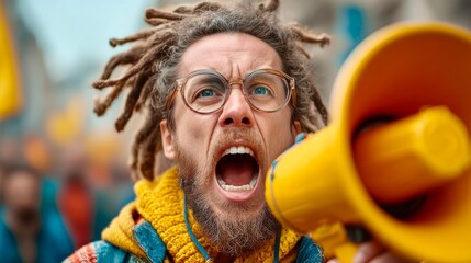 Passionate activist passionately speaking through a megaphone during a vibrant protest in a lively urban setting, engaging the crowd with powerful messages of change and unity