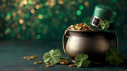 St. Patrick’s Day Pot of Gold with Leprechaun Hat and Shamrocks - Lucky Bokeh Background