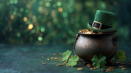St. Patrick’s Day Pot of Gold with Leprechaun Hat and Shamrocks - Lucky Bokeh Background