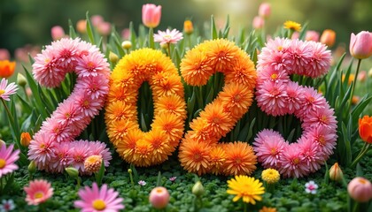 Number 2025 made of different flowers lies in garden. Floral digits on green grass lawn among tulips and daisies. Flower number design symbolizes new year future time.
