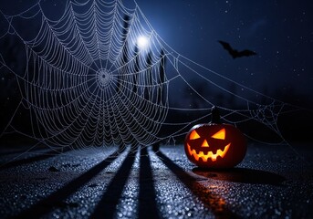 Shimmering spider web glowing in silver purple Halloween moonlight near soft pumpkin lantern surrounded by stars, bats and magical festive autumn shadows