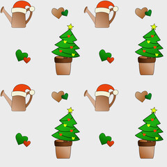 Seamless pattern with potted Christmas trees, Santa-hat watering cans, and colorful hearts on a white background