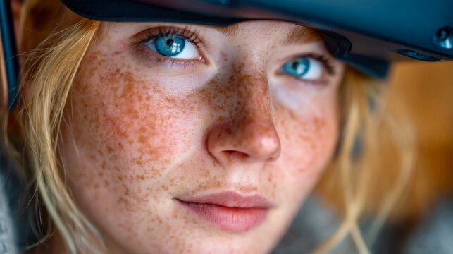 Young woman with freckles wearing a VR headset, immersed in a digital experience indoors, showcasing advanced technology and virtual reality engagement - Powered by Adobe