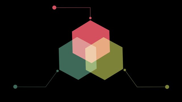 Diagram and callout sign animated on black background. Abstract 3 step ven diagram with callout symbol animation. 
