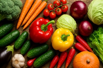 Fresh vegetables arranged on a wooden surface showcasing a variety of colors and textures ideal for healthy cooking and meal preparation