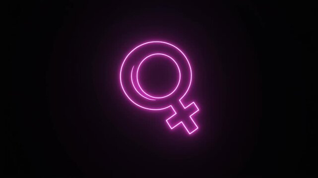"A glowing neon lesbian symbol featuring two interlinked female icons, radiating pink and purple light against a black background&mdash;evoking pride, unity, and identity."