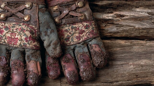 Rustic charm and weathered elegance vintage leather gloves after hard work
