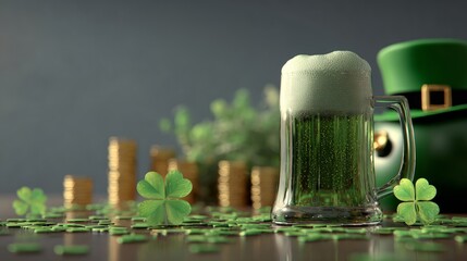St. Patrick’s Day Green Beer Mug with Clover and Gold Coins - Irish Celebration