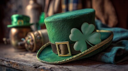 St. Patrick’s Day Leprechaun Hat with Shamrock on Rustic Wooden Table - Irish Luck Concept