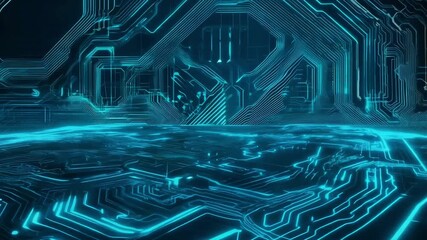 A textured background glass panels form circuit-like patterns, glowing softly in deep blue hues. Looks like a cyber-inspired digital wall, both organic and technological