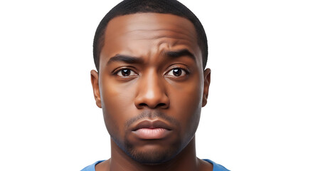 Fototapeta premium Close up portrait of a serious african american man with a slightly furrowed brow on a white background
