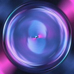 Abstract circular design resembling a glass bubble with luminous blue and purple reflections. Smooth blur and motion depth make it perfect for modern digital art or cover design. Grain, dust effect