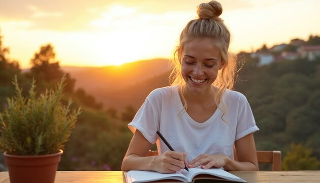 A young woman writes in a notebook outside at sunset. Blonde girl smiles while journaling outdoors during golden hour. Female enjoying peaceful evening planning goals in a notebook with a pen