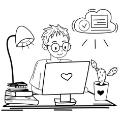 Black and white illustration of a student or remote worker at a desk with books, cactus, and a laptop. Great for education, tech, and productivity themes