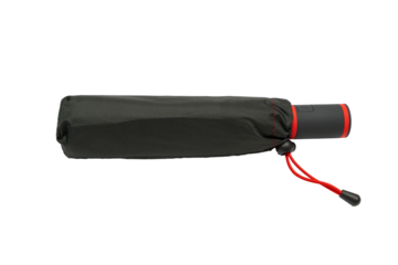 Black umbrella in sleeve. A compact black umbrella in a protective sleeve with a red strap. The handle features a push button.