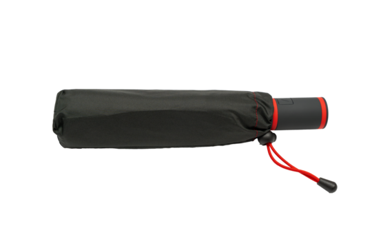 Black umbrella in sleeve. A compact black umbrella in a protective sleeve with a red strap. The handle features a push button.