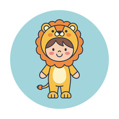 Fototapeta premium Child in lion costume illustration on a light blue circular background.