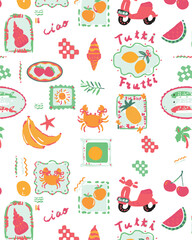 Summer coquette berry and fruits seamless pattern. Preppy wallpaper, hand drawn ribbons and bows patchwork print. Garden vector illustration, checkered romantic background, textile design, plaid.
