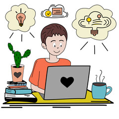 Vector illustration of a boy studying or working on a laptop with books, cactus, coffee, and idea clouds.