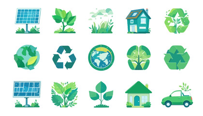 Set of green ecology icons flat vector design elements for sustainable living isolated on white background