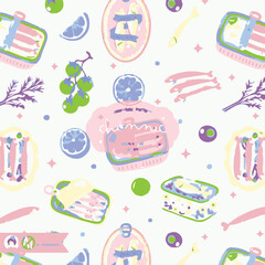 Summer coquette berry and fruits seamless pattern. Preppy wallpaper, hand drawn ribbons and bows patchwork print. Garden vector illustration, checkered romantic background, textile design, plaid.
