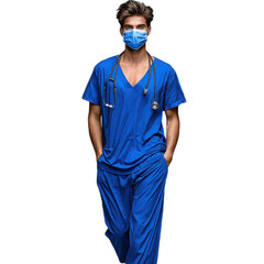 Young male healthcare professional wearing blue scrubs and face mask, ready to assist patients in clinical setting