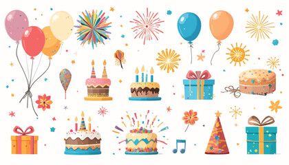 Fototapeta premium Celebration elements collection featuring cakes balloons and gifts perfect for birthday party invitations and festive designs
