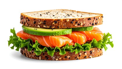 A close-up shot of a delicious sandwich on white. It features seeded bread, lettuce, avocado slices, and vibrant orange salmon