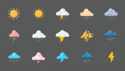 Weather icon set with sun clouds and rain flat vector design for weather forecast apps and meteorological presentations isolated on gray background
