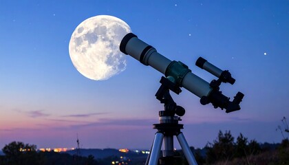 Telescope Aimed at the Moon at Night.