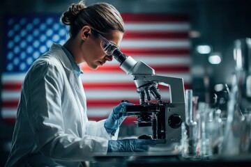 Scientist examining samples with microscope in laboratory under USA flag backdrop, showcasing dedication to research and scientific advancement