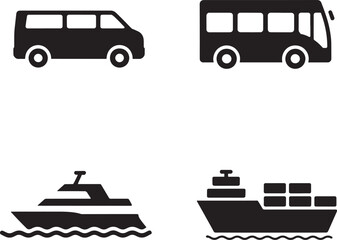 Black silhouette icons of van, bus, yacht, and cargo ship with text vehicle transportation
