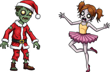 Zombie Santa, cartoon horror, creepy Christmas, frightened ballerina, festive contrast, spooky holiday, scary costume, surreal scene, dark humor, escape moment