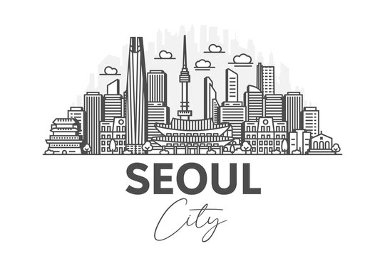 Seoul, South Korea architecture line skyline illustration with shadows. Linear vector cityscape with famous landmarks, city sights, design icons.