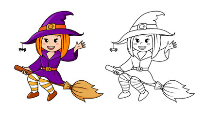 Cute Halloween witch flying on broom on moon background. Black and white vector illustration for coloring book with example in color