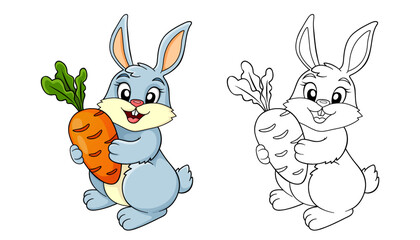 Cute Bunny with carrot. Black and white vector illustration for coloring book with example in color