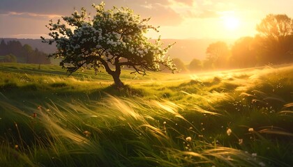 Sunrise over a Blossoming Orchard Field.