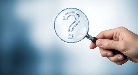 A hand holds a magnifying glass over a question mark made of water, representing curiosity and the search for answers