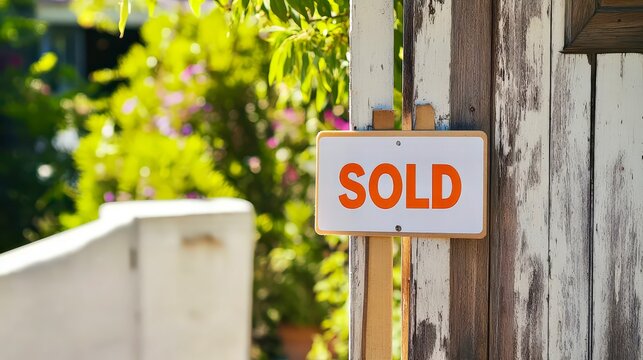 Sold real estate sign board outside property garden