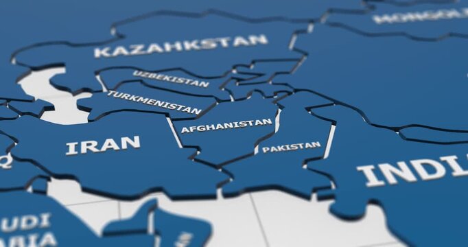 close-up 3d map of central and south asia countries 4k animation