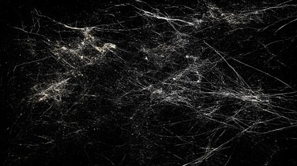 Intricate web pattern with dust and debris against a dark background.