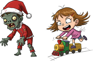 Zombie Santa, scary Christmas, cartoon horror, toy train, brave girl, festive chaos, holiday clash, funny scene, child vs monster, surreal moment