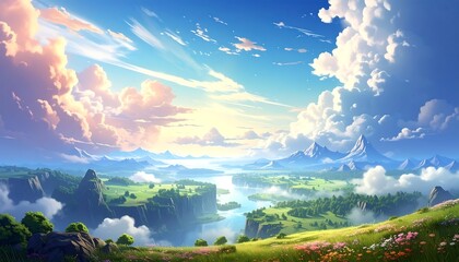 A breathtaking vista a vibrant landscape of rolling hills, a flowing river, and snow-capped mountains under a bright sky