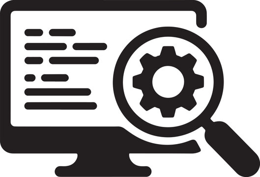 Computer screen with magnifying glass over gear and code lines monitor search