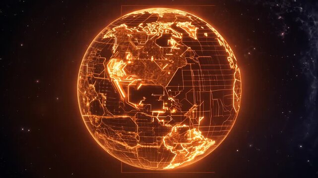 3D rotating moon sphere glowing orange fractal textures mapped cratered surface, futuristic circuit patterns glowing dark cosmic cinematic camera orbit, abstract sci-fi ultra HD 4K