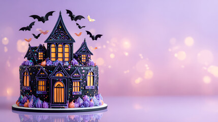 Naklejka premium Chocolate Halloween castle cake surrounded with bats.