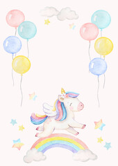 Cute Unicorn with Rainbow and Balloons Watercolor Illustration