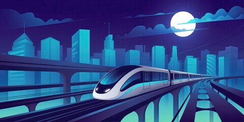 Modern electric train speeds through vibrant cityscape at night, offering a futuristic and efficient transportation solution with stunning neon lights
